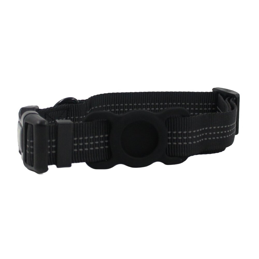 Large Black Adjustable Dog Collar with Apple AirTag Holder